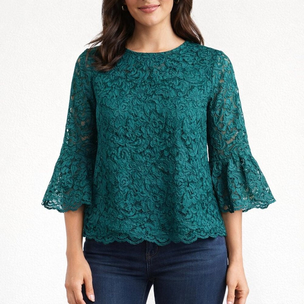 Zara Womens XS Green‎ Lace Sheer Top Blouse Flare Sleeves